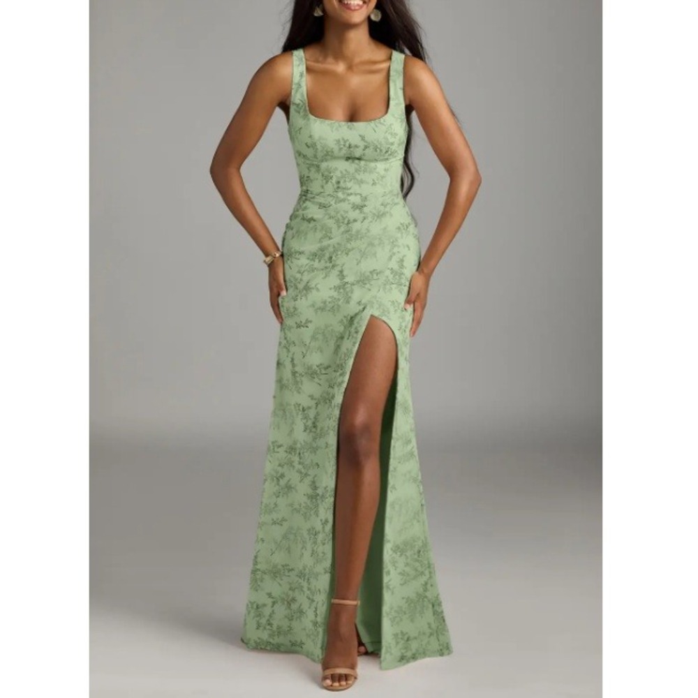 Azazie Mero Women's Green Fern Floral Sheath Pleated‎ Chiffon Dress NWT Size A8